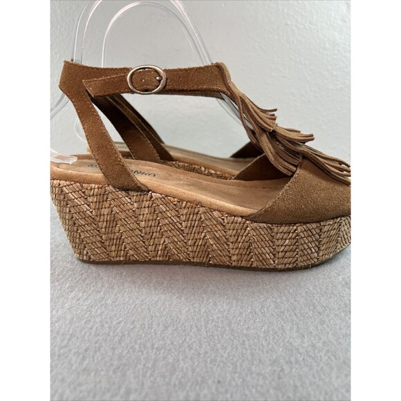 Minnetonka Wedge Platform T Strap Suede Sandal Size 7 Brown Fringe Espadrille - Picture 4 of 10